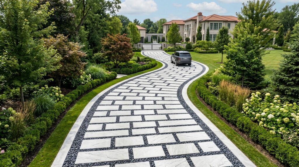 Frontyard Manifestos Built on Basalt Foundations and Quartzite Paths luxury driveway with pavers gravel 202606100847