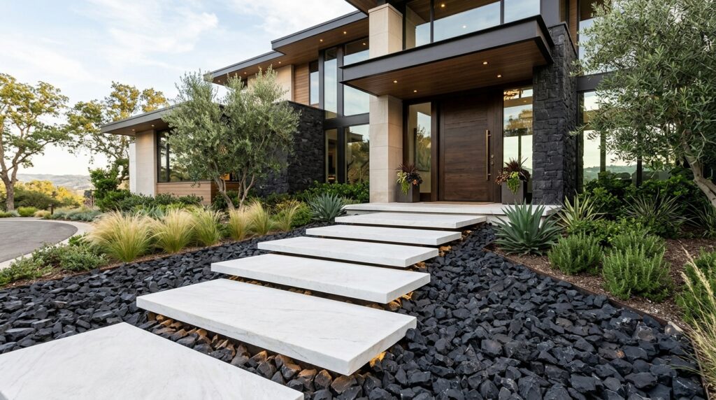 Frontyard Manifestos Built on Basalt Foundations and Quartzite Paths luxury entryway white quartzite … 202606100842
