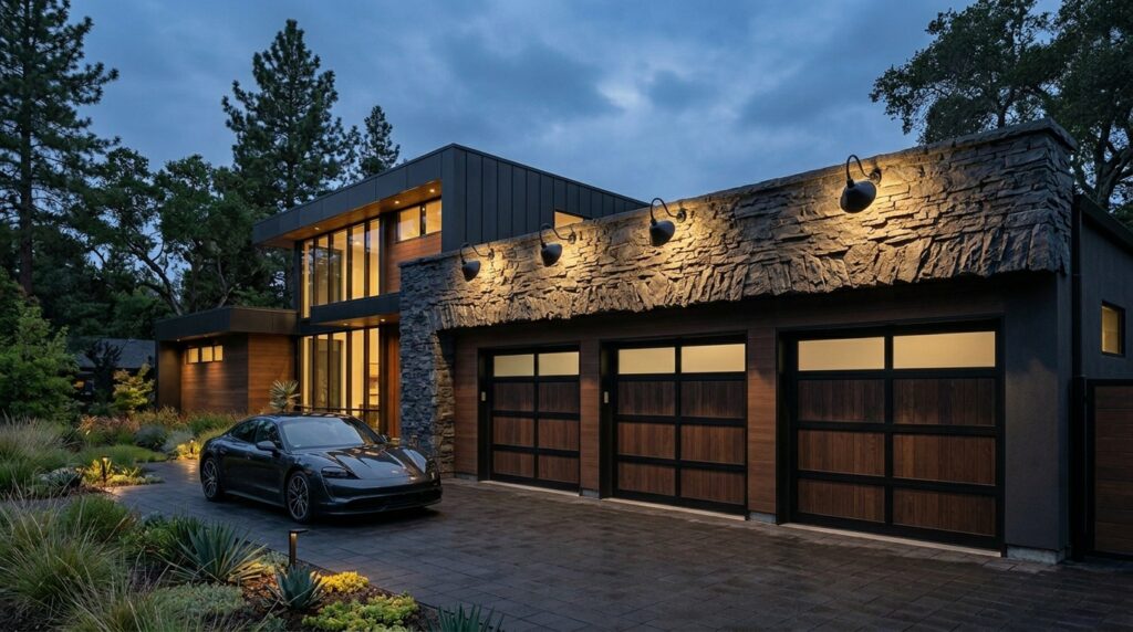 Industrial Gooseneck Fixtures to Illuminate Outdoor Garage Headers luxury garage with slate stone 202606102356