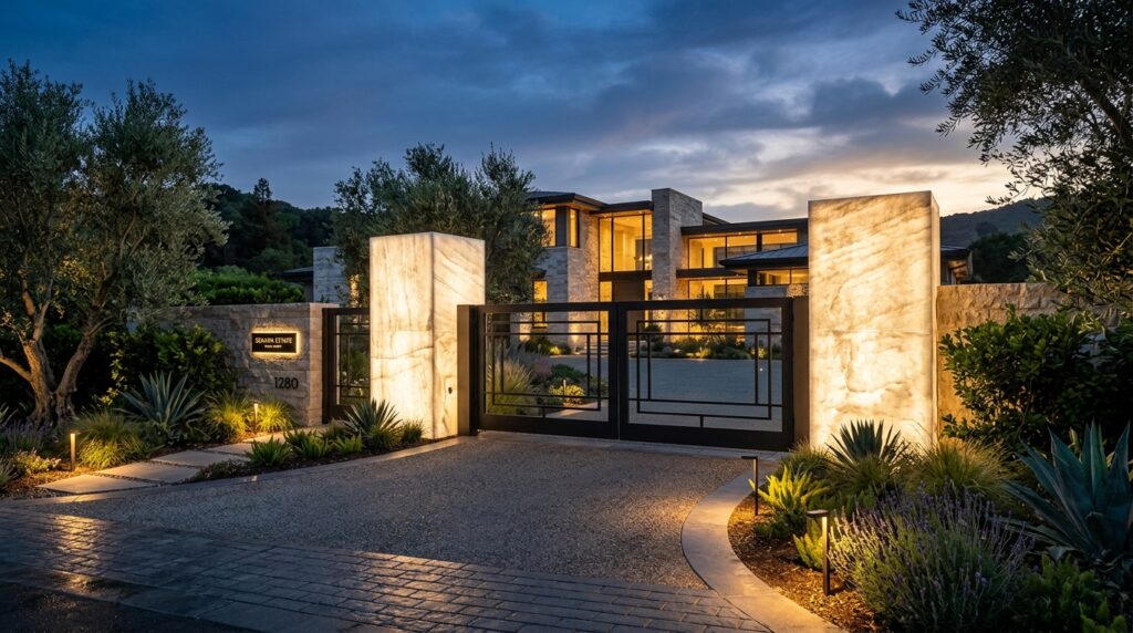 Modern Main Gate Designs For a Luxurious First Impression luxury home entrance at dusk 202606070710