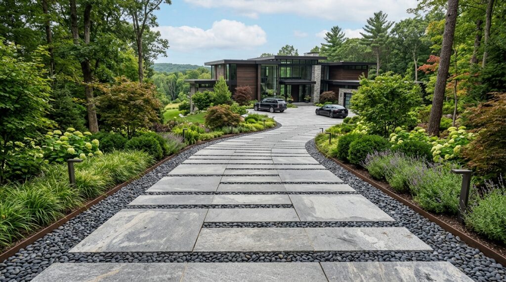 Architectural Frontyard Manifestos for Uncompromising Curb Appeal luxury modern driveway pavers gr… 202606081938