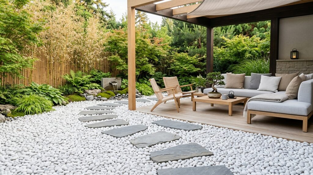 Zen Meditation Patios with Bamboo Screens and Smooth River Rocks luxury patio scandi zen elements 202606141520