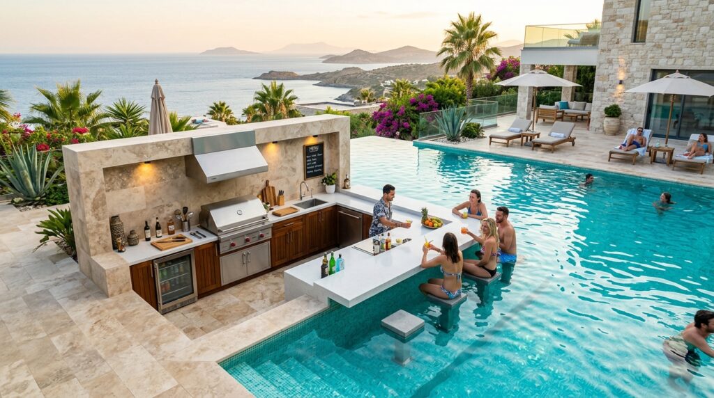 L-Shaped Multi-Functional Kitchen Layouts for Open-Air Patios luxury pool patio l shaped kitchen 202606171135