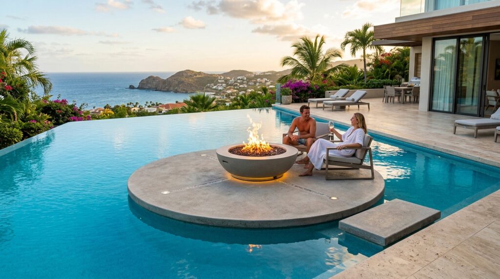 Modern Fire Pit Layouts For Luxury Outdoor Lounging luxury pool with glowing fire 202606062006