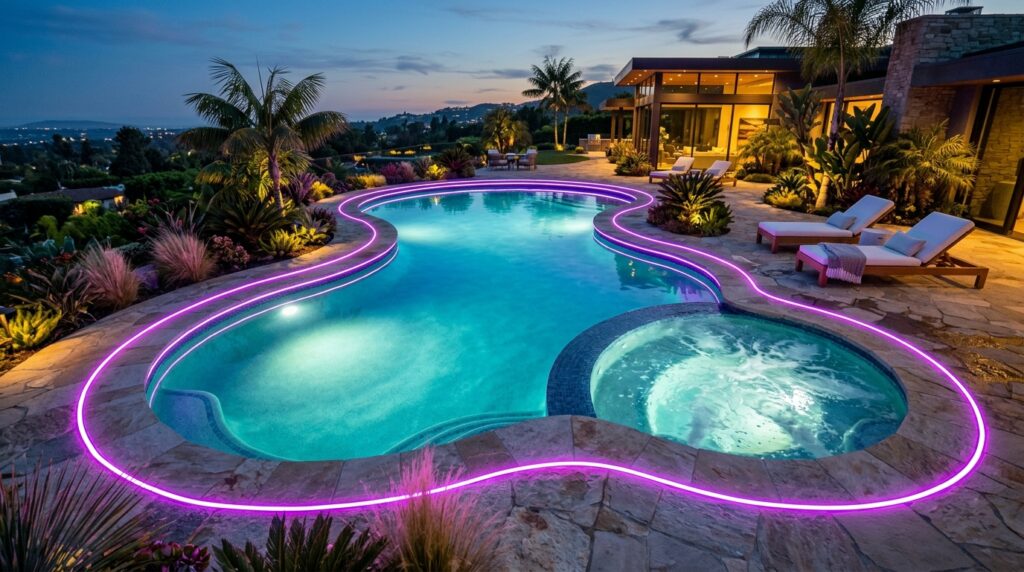 Neon Contour Strip Lighting for Futuristic Pool and Deck Edging luxury pool with neon violet 202606101235
