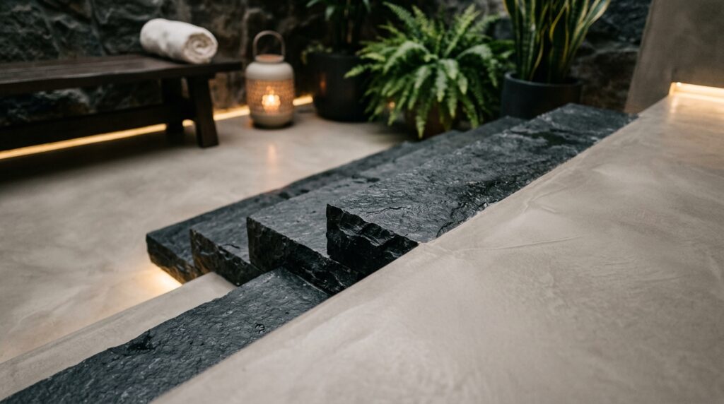 Brutalist Cryo-Therapy Chambers and Monolithic Micro-Cement Spas luxury spa stone steps micro cement 202606081507
