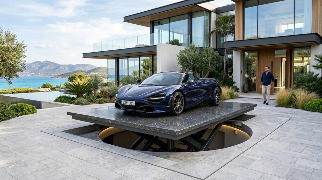 Modern Hidden Underground Car Cavities and Hidden Garage Vaults luxury sports car rising driveway 202606072142