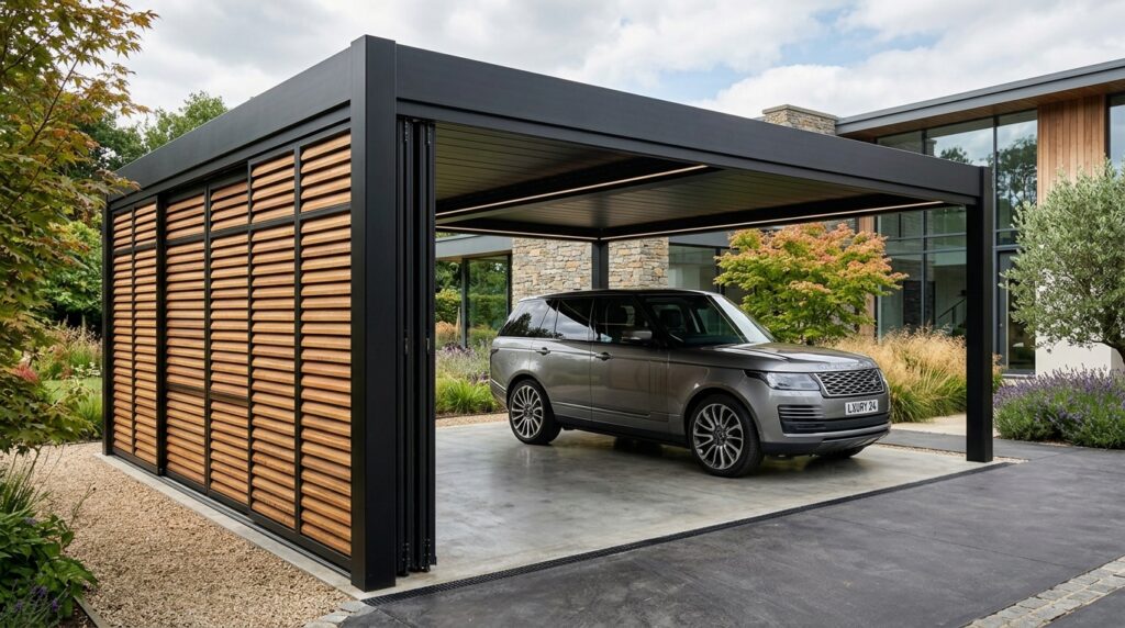 luxury vehicle shelter wood panels 202606161113