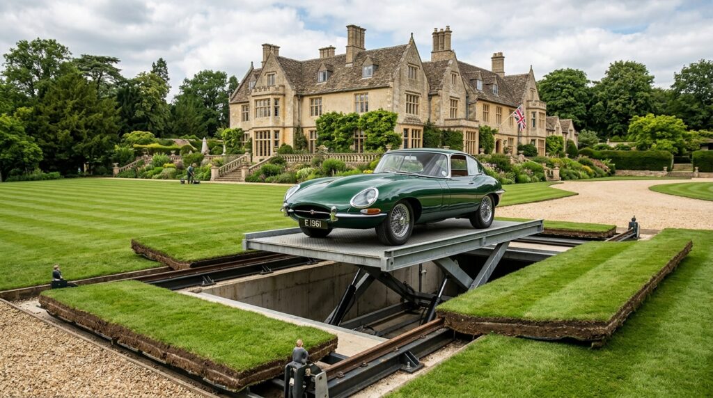 Modern Hidden Underground Car Cavities and Hidden Garage Vaults mansion lawn opens, reveals car 202606072143