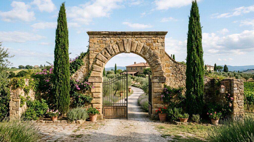 masonry arch with cypress trees 202606131042