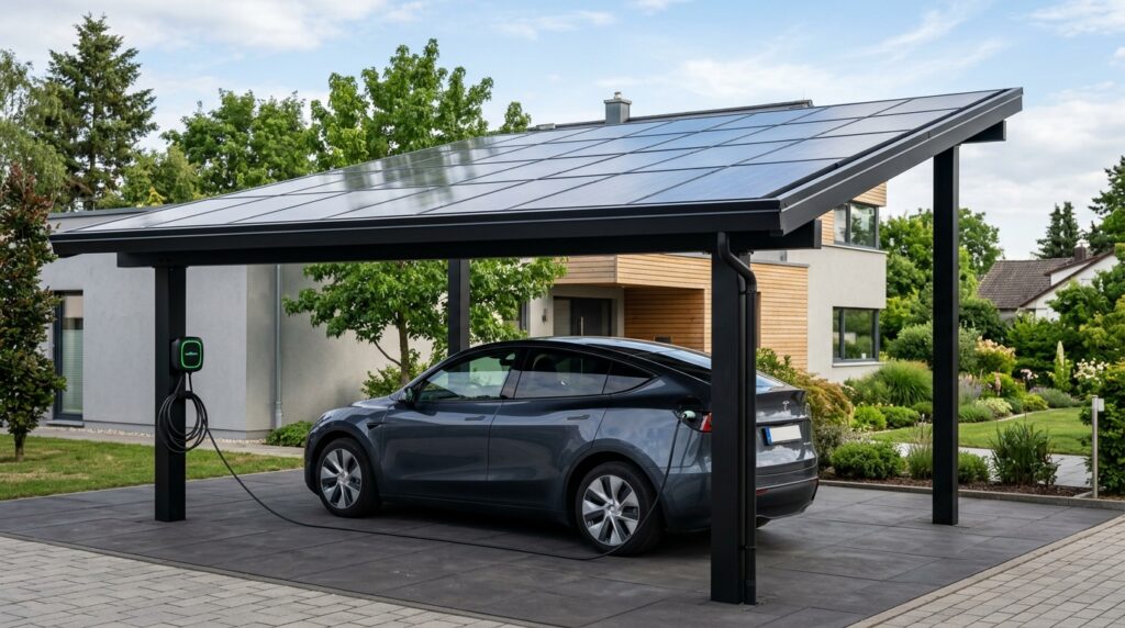 Smart Carport Outdoor Ideas That Will Instantly Upgrade Your Home matte black carport with solar p… 202606061803