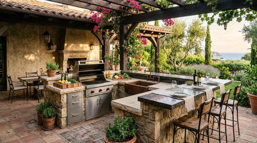 L-Shaped Multi-Functional Kitchen Layouts for Open-Air Patios mediterranean patio with l shape… 202606171144