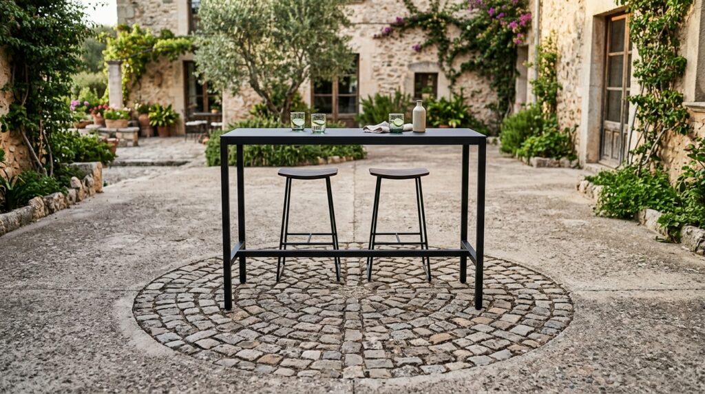 Luxury Outdoor Kitchen Monoliths and Covered Dining Pavilions metal bar table on cobblestone 202606081257