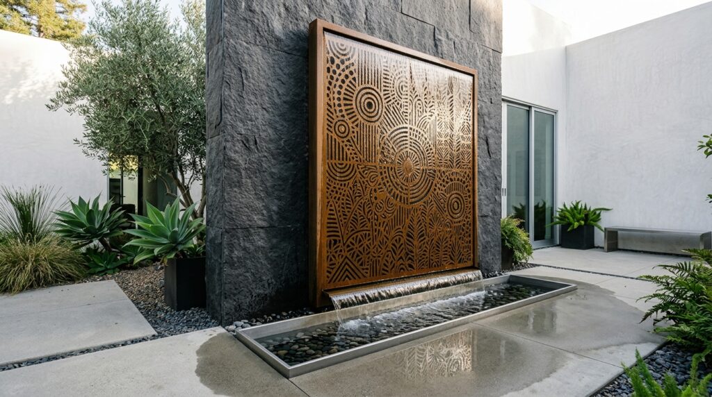 metal panel water feature courtyard 202606121156