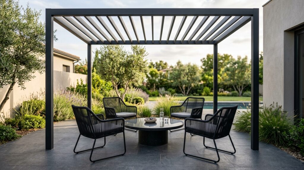 Outdoor Pergola Seating Ideas For Ultimate Backyard Luxury metal pergola shading four chairs 202606052220