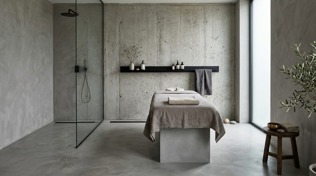 Brutalist Cryo-Therapy Chambers and Monolithic Micro-Cement Spas micro cement room linear drain 202606081508