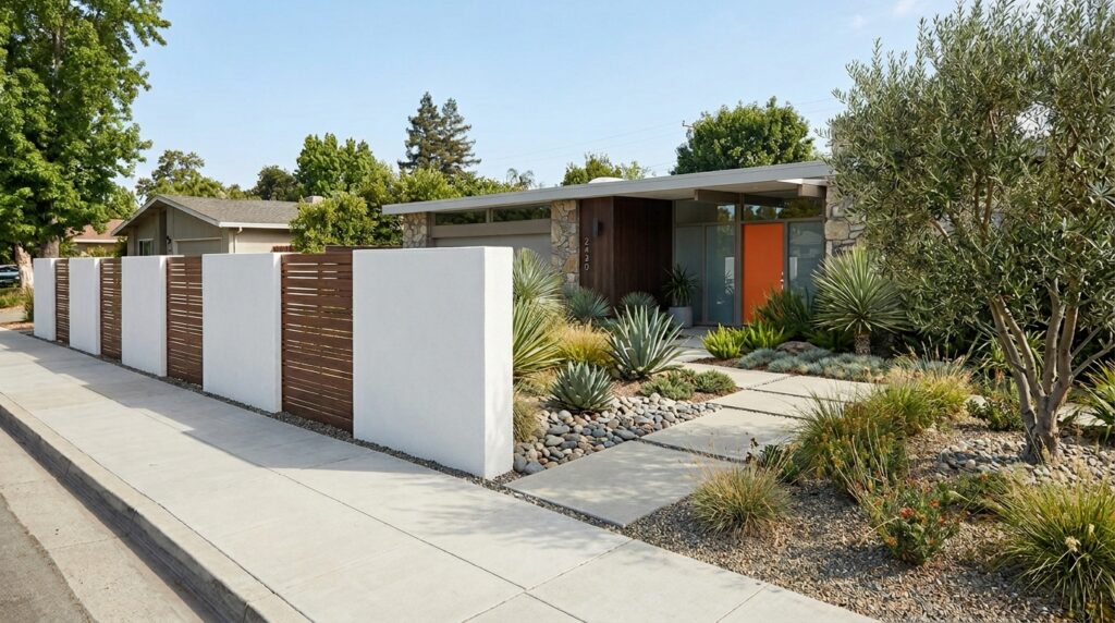 Modern White Stucco Walls Accented with Dark Wood Insets mid century modern home front yard 202606112358