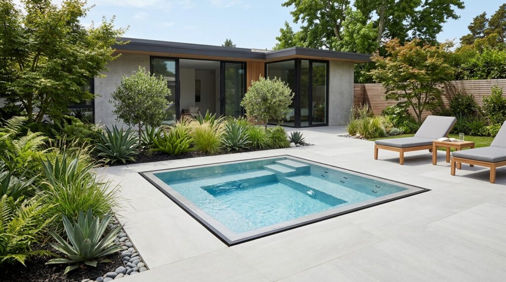 Modern Outdoor Wellness Spa Hubs For Premium Backyard Luxury minimalist backyard with hot tub 202606071509