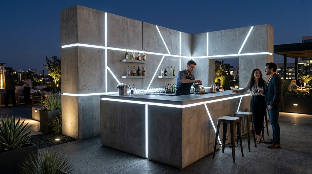 Sound-Activated Accent Lights to Elevate Outdoor DJ and Bar Stations minimalist bar with light tracks 202606101415