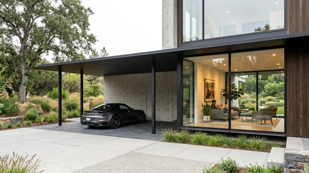 Low-Profile Flat Roof Carports That Won’t Block Your Window Views minimalist carport next to window 202606161338