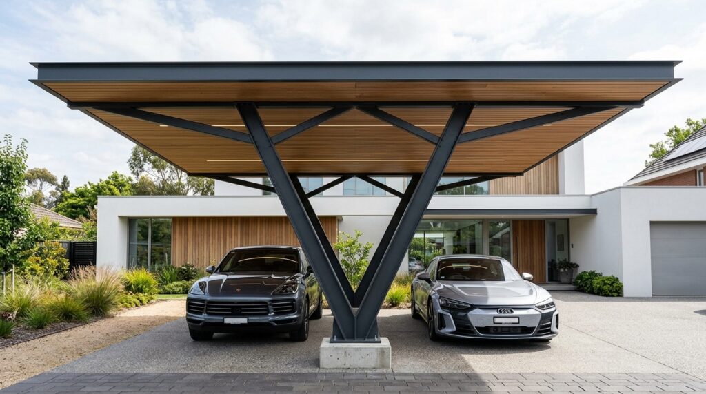 17 Cantilevered Carport Concepts for a Post-Free Entryway minimalist carport with v pillar 202606151955