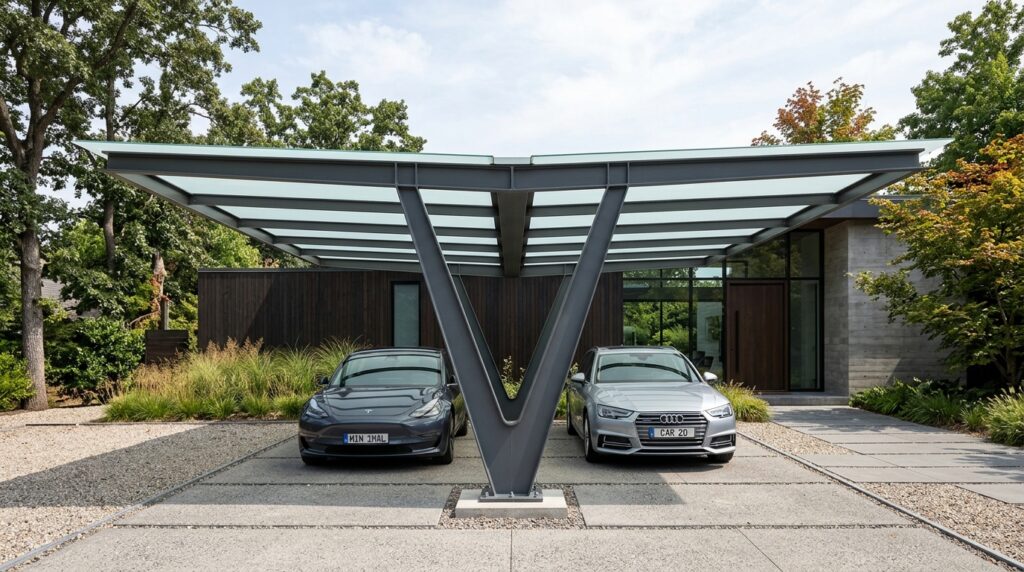17 Cantilevered Carport Concepts for a Post-Free Entryway minimalist carport with v pillar 202606151958