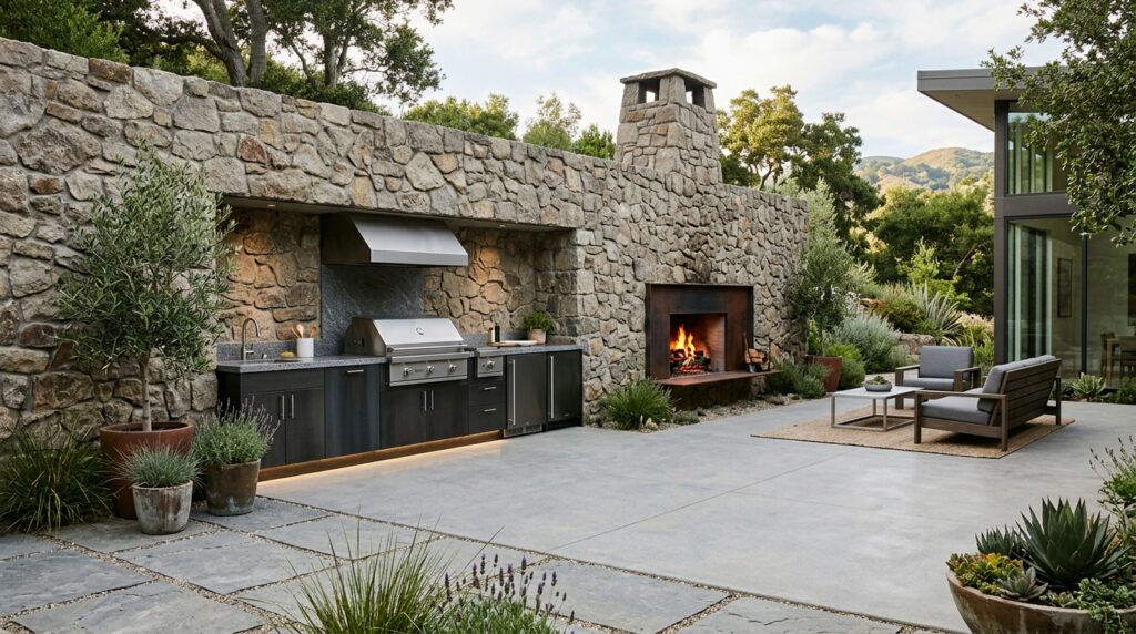 Brick Fireplace Extensions Integrating Full Outdoor Kitchen Lines minimalist courtyard patio outdo… 202606181820