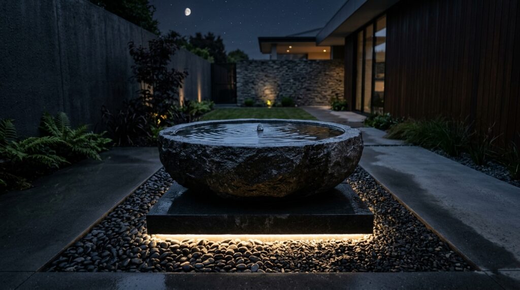 Monolithic Stone Water Bowls with Slow Spillways for Zen Courtyards minimalist courtyard water bowl … 202606101359