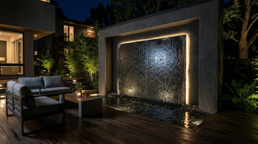 Contemporary Water Walls Using Dark Granite and Rippling Flows minimalist deck at night 202606102232