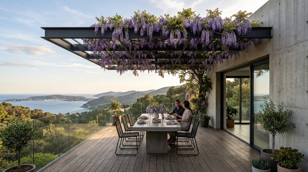 Outdoor Dining Rooms Under Wisteria-Covered Rafter Structures minimalist dining deck wisteria … 202606141539