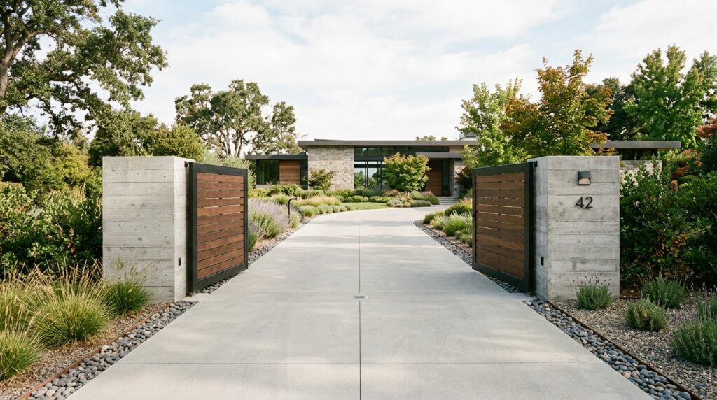Modern Main Gate Designs For a Luxurious First Impression minimalist driveway with open gate 202606070710
