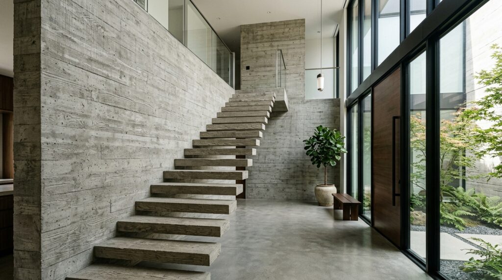 Floating Architectural Stairs Made of Raw Poured Concrete minimalist entryway floating steps 202606131925