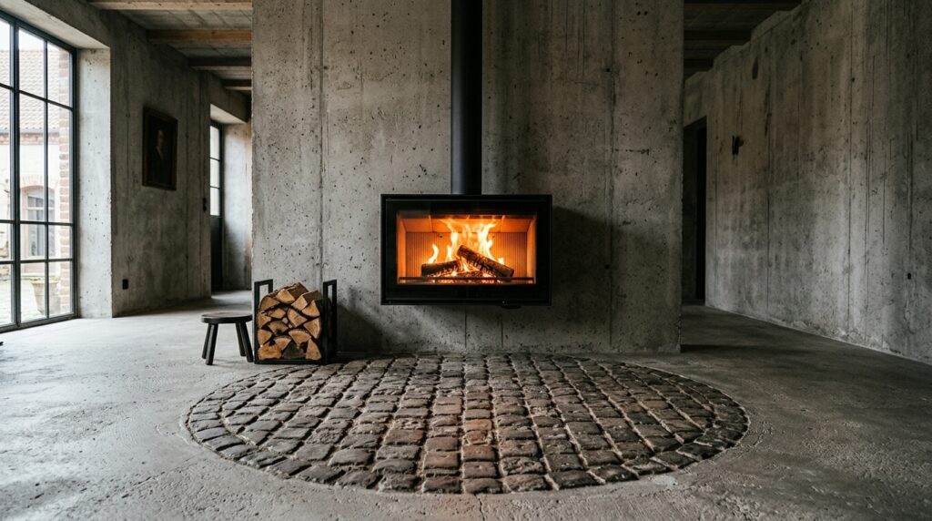 Architectural Sunken Bunker Lounges for High-End Privacy minimalist fireplace over cobble… 202606081039