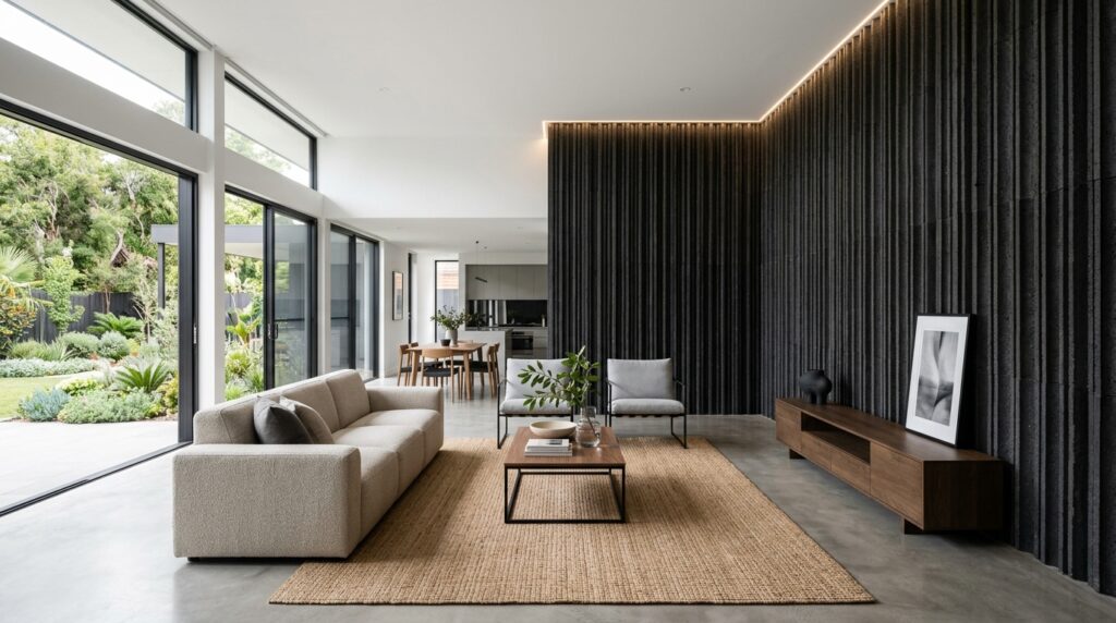 Monolithic Stone Accent Walls for High-End Living Facades minimalist living room accent wall 202606131807