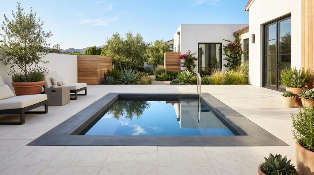 Modern Outdoor Plunge Pool Ideas For Luxury Backyard Relaxation minimalist patio with concrete p… 202606070816
