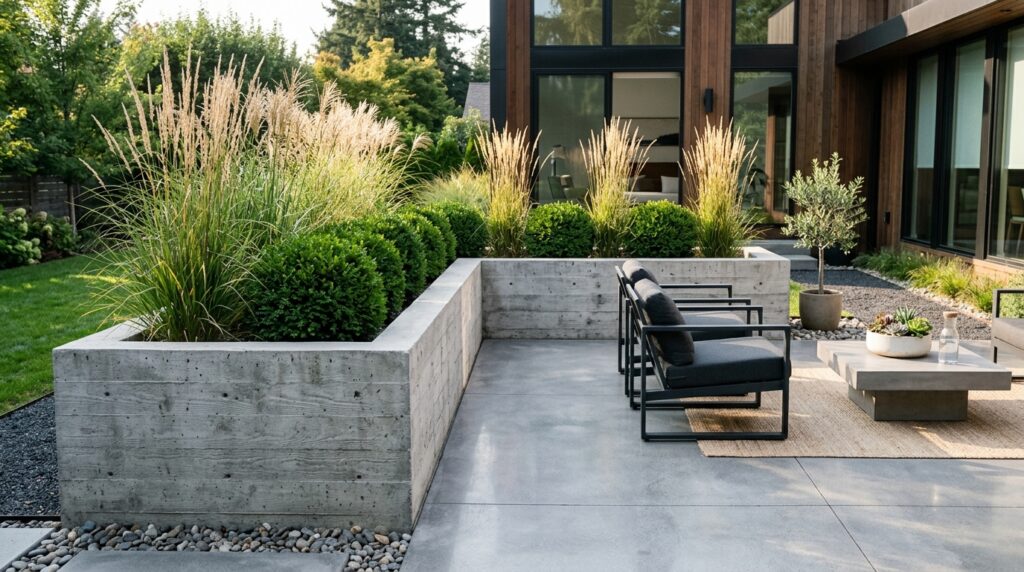 Raised Garden Bed Layouts to Frame Your Main Seating Patio minimalist patio with raised beds 202606141314
