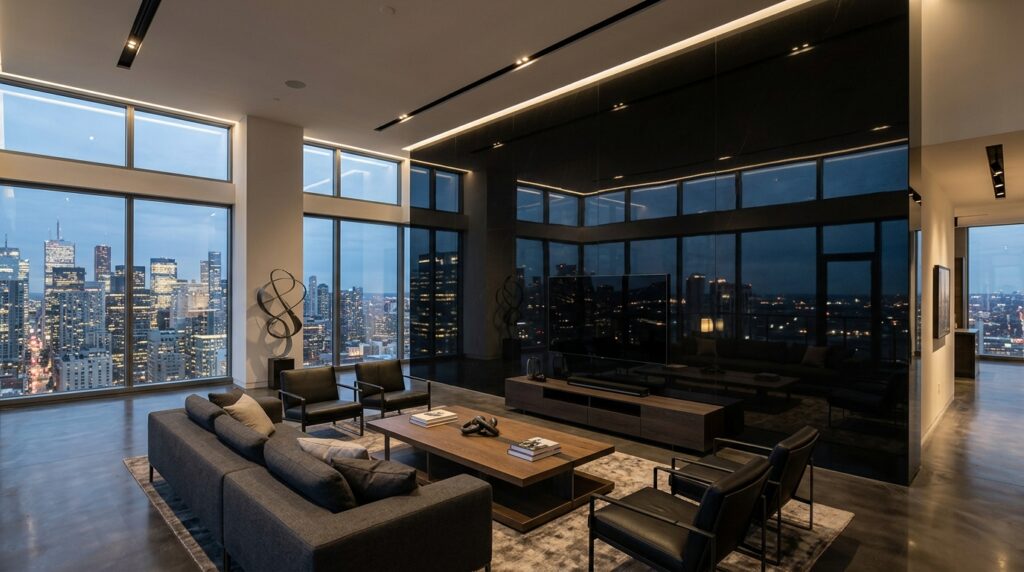 Monolithic Stone Accent Walls for High-End Living Facades minimalist penthouse living room… 202606131810