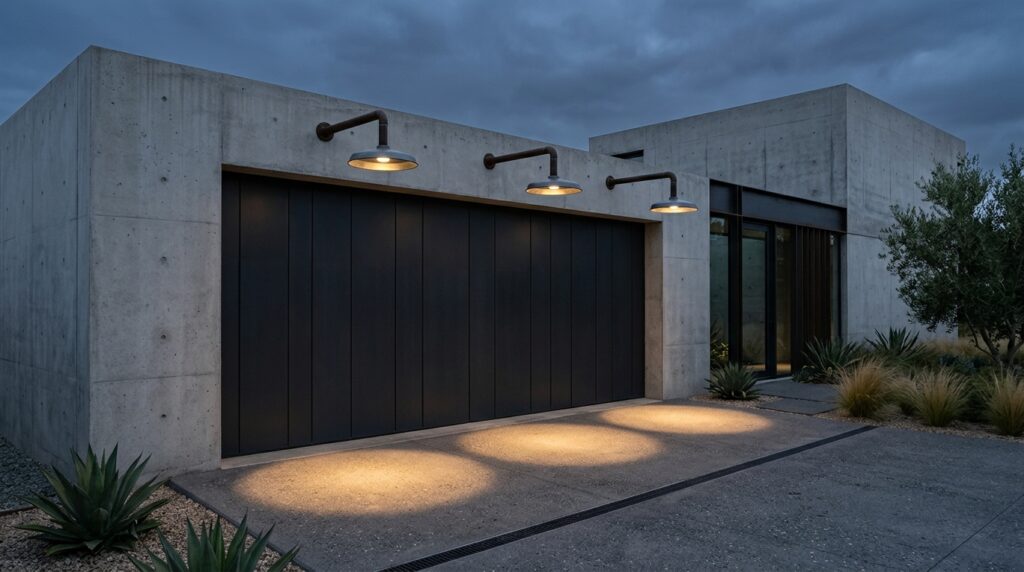 Industrial Gooseneck Fixtures to Illuminate Outdoor Garage Headers minimalist villa garage with light 202606102356
