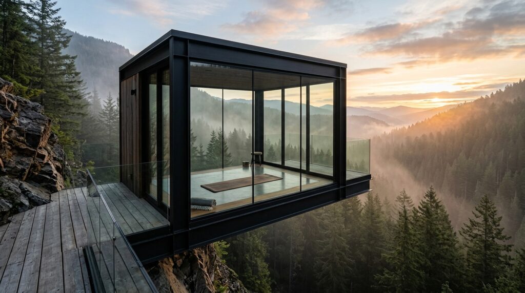 minimalist yoga studio over forest 202606131103