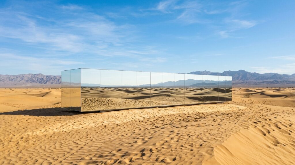 mirror pod on desert sand 202606131034