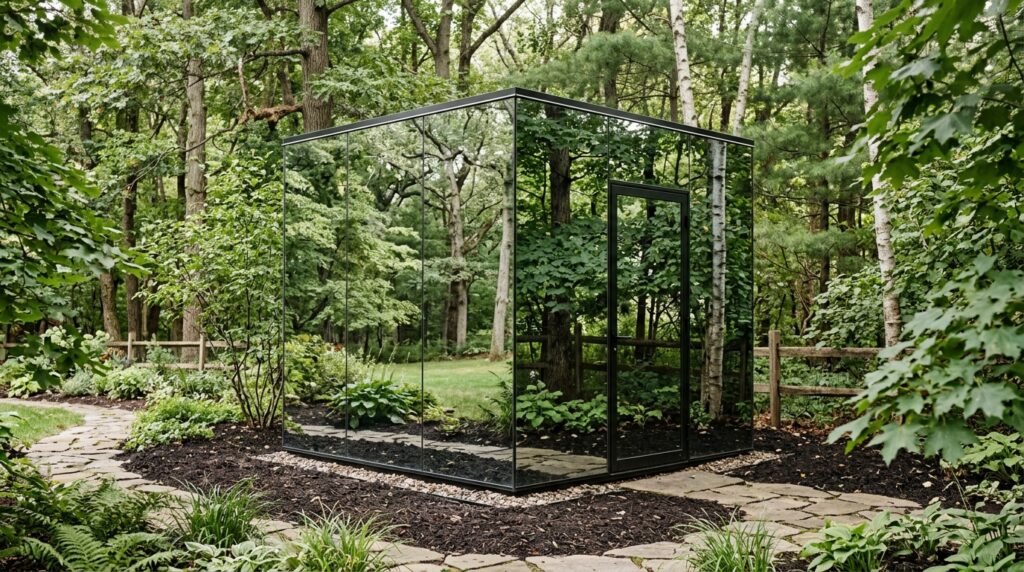 Hidden Utility Shed Layouts That Camouflage into Your Landscaping mirrored shed on mulch 202606131131