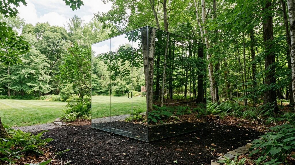 Hidden Utility Shed Layouts That Camouflage into Your Landscaping mirrored shed on mulch 202606131140