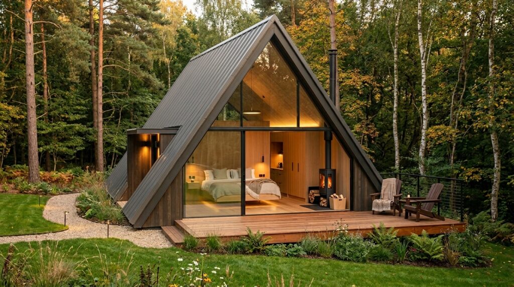 Luxury Glamping Cabins Tucked Safely into Large Backyard Edges modern a frame cabin forest edge 202606141424