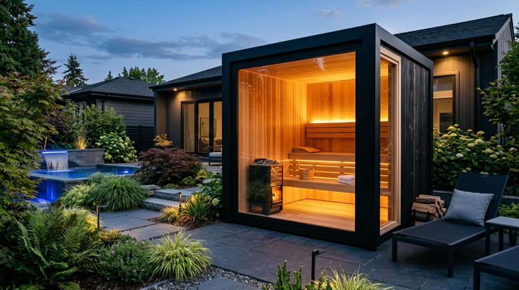 Modern Outdoor Wellness Spa Hubs For Premium Backyard Luxury modern backyard sauna glowing in… 202606071509