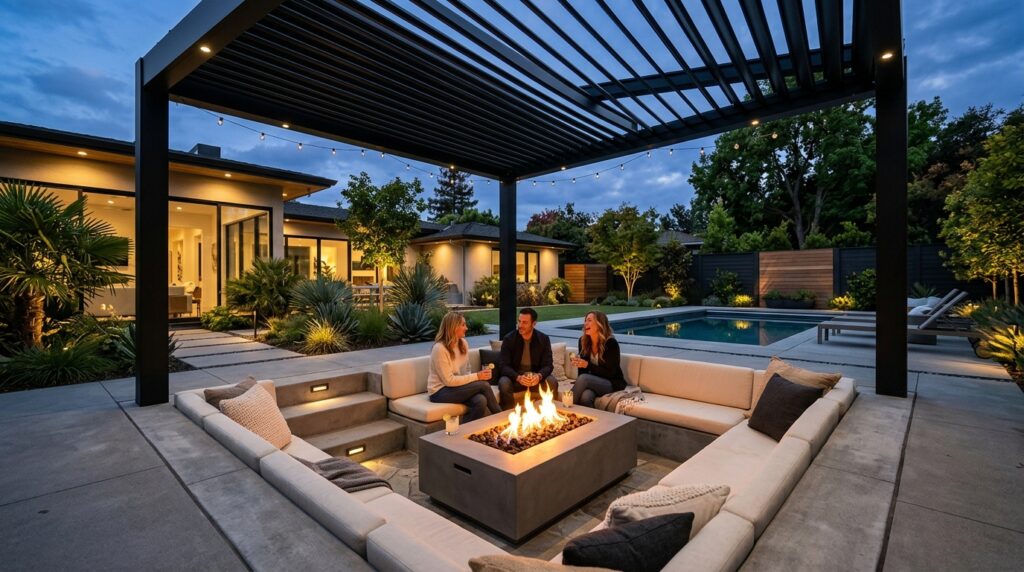 Outdoor Pergola Seating Ideas For Ultimate Backyard Luxury modern backyard with pergola sea… 202606052215