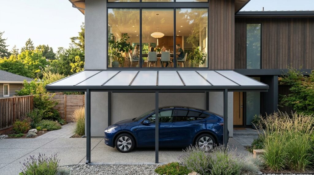 Low-Profile Flat Roof Carports That Won’t Block Your Window Views modern carport beneath dining wi… 202606161341