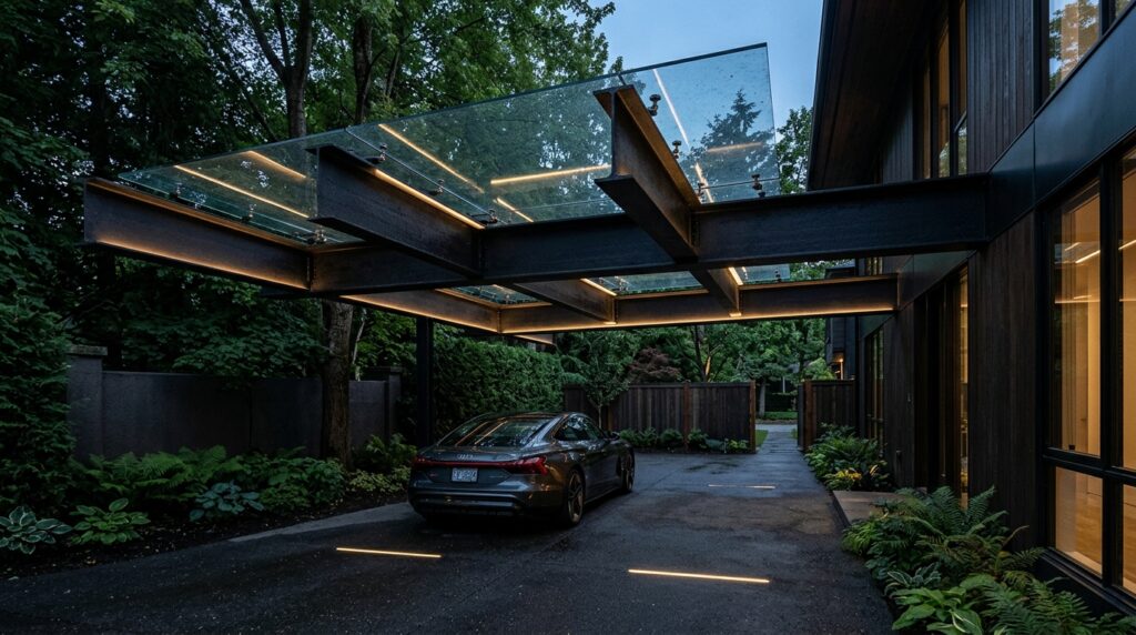 Industrial Steel & Glass Carport Ideas for Darker Driveways modern carport with glass roof 202606152228