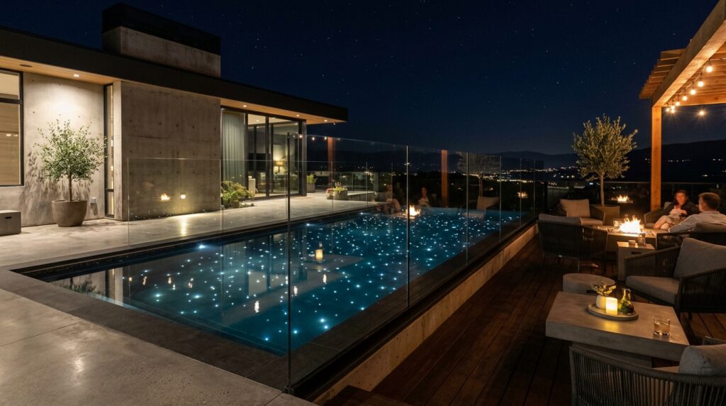 Starry-Night Fiber Optic Lights Embedded inside Concrete Pool Floors modern concrete pool glass fencing 202606101111