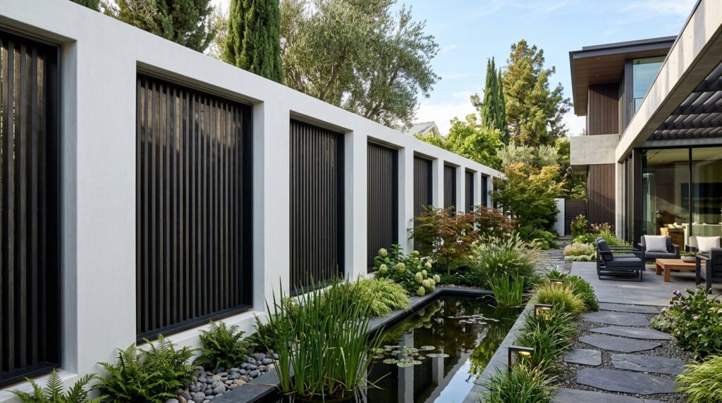 Modern White Stucco Walls Accented with Dark Wood Insets modern courtyard enclosure fence 202606112358