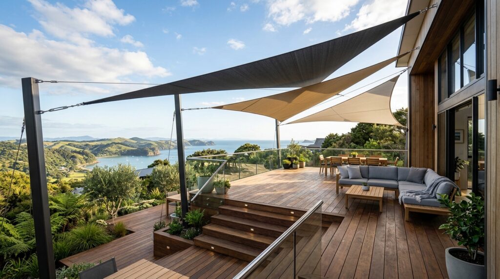 modern deck with shade sails 202606141324